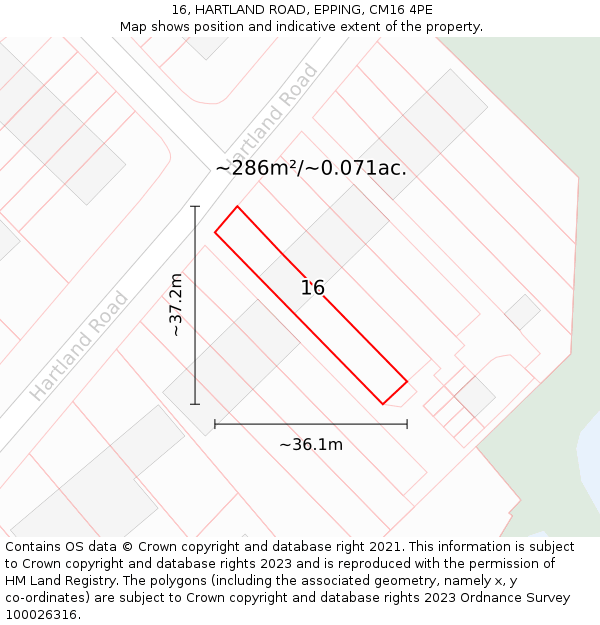 16, HARTLAND ROAD, EPPING, CM16 4PE: Plot and title map