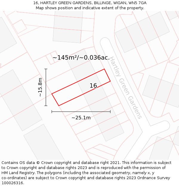 16, HARTLEY GREEN GARDENS, BILLINGE, WIGAN, WN5 7GA: Plot and title map