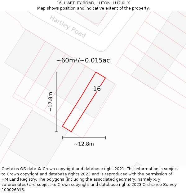 16, HARTLEY ROAD, LUTON, LU2 0HX: Plot and title map
