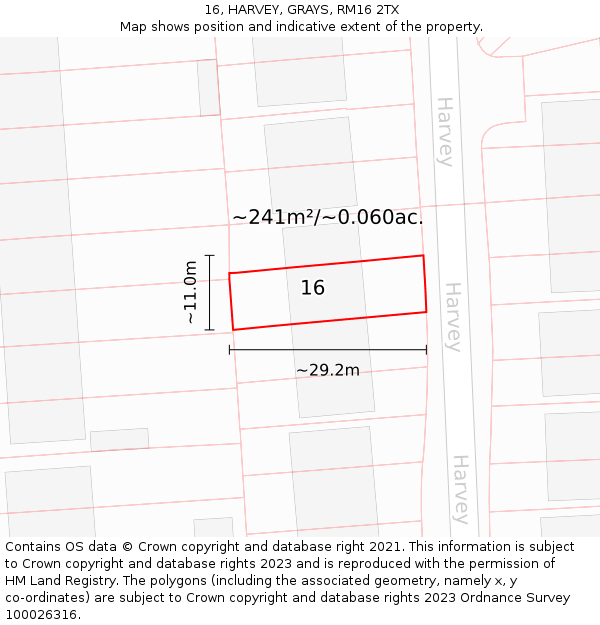 16, HARVEY, GRAYS, RM16 2TX: Plot and title map