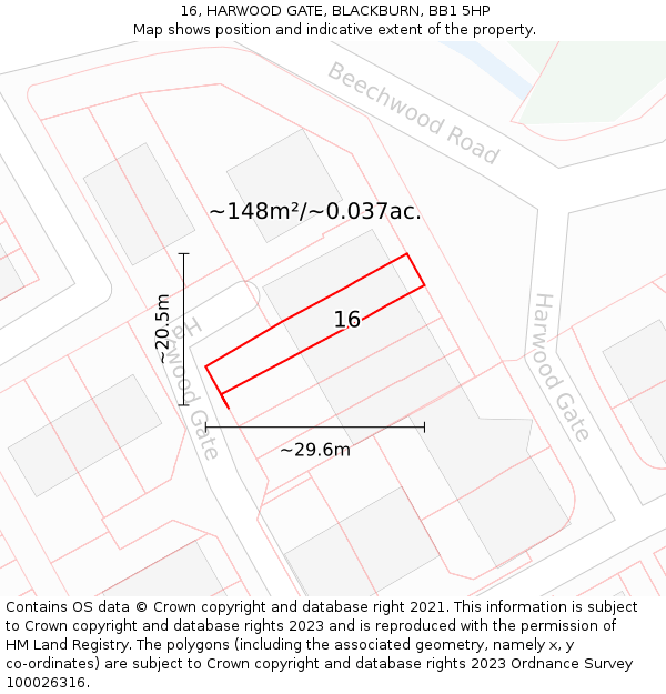 16, HARWOOD GATE, BLACKBURN, BB1 5HP: Plot and title map