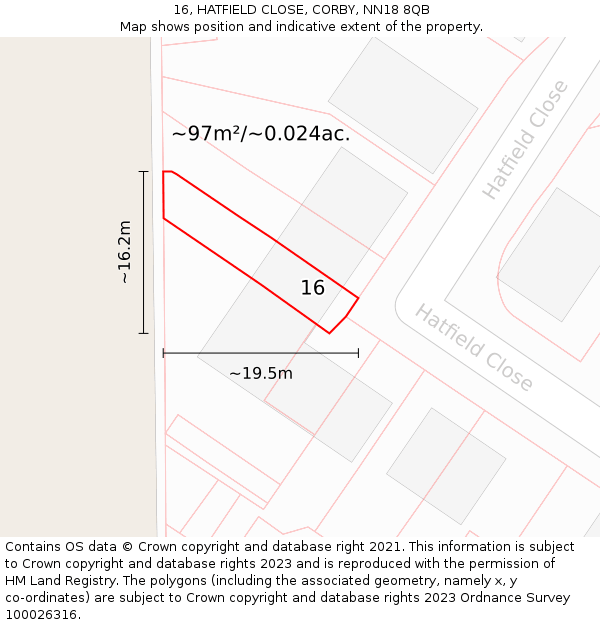 16, HATFIELD CLOSE, CORBY, NN18 8QB: Plot and title map