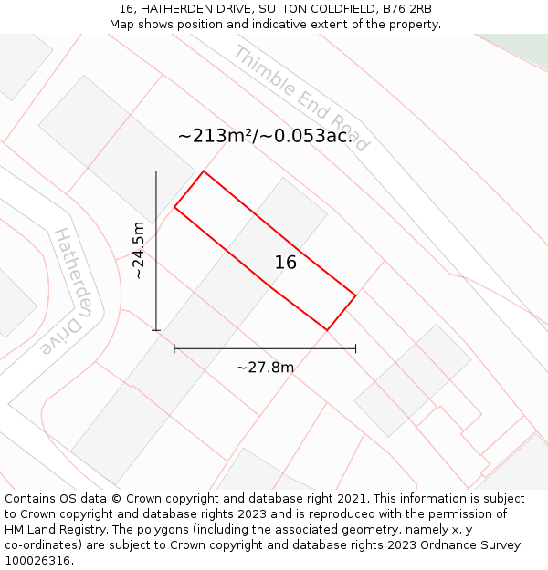 16, HATHERDEN DRIVE, SUTTON COLDFIELD, B76 2RB: Plot and title map