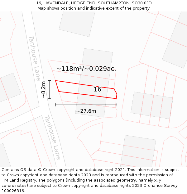 16, HAVENDALE, HEDGE END, SOUTHAMPTON, SO30 0FD: Plot and title map