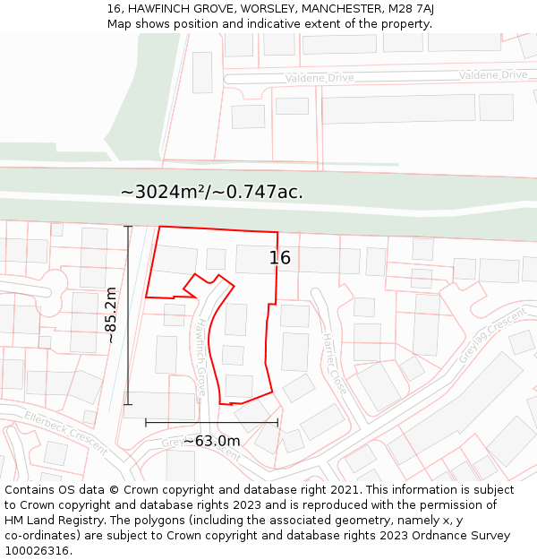 16, HAWFINCH GROVE, WORSLEY, MANCHESTER, M28 7AJ: Plot and title map