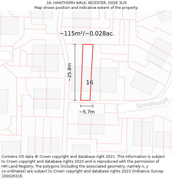 16, HAWTHORN WALK, BICESTER, OX26 3US: Plot and title map