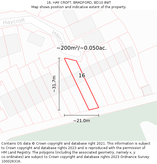 16, HAY CROFT, BRADFORD, BD10 8WT: Plot and title map