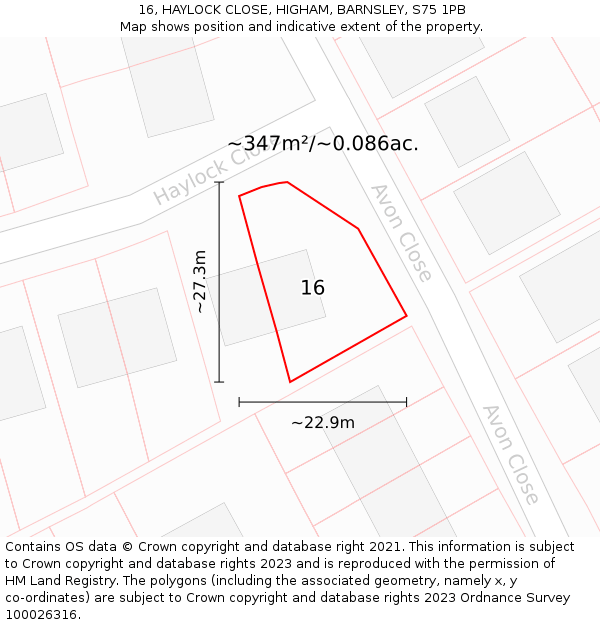 16, HAYLOCK CLOSE, HIGHAM, BARNSLEY, S75 1PB: Plot and title map