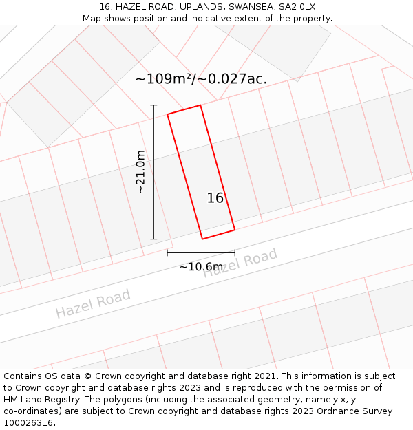 16, HAZEL ROAD, UPLANDS, SWANSEA, SA2 0LX: Plot and title map