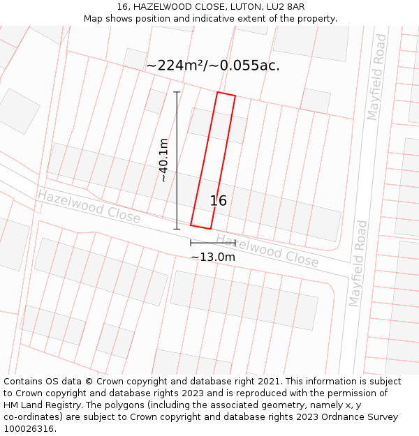16, HAZELWOOD CLOSE, LUTON, LU2 8AR: Plot and title map