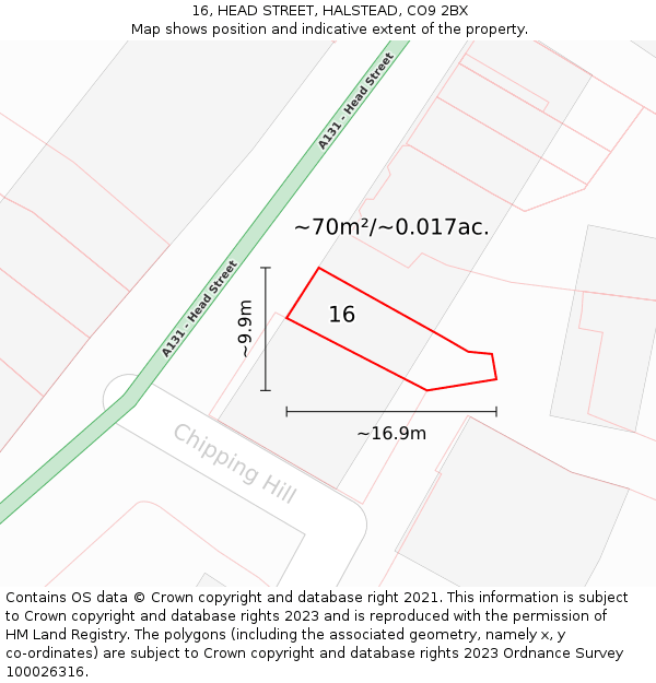 16, HEAD STREET, HALSTEAD, CO9 2BX: Plot and title map