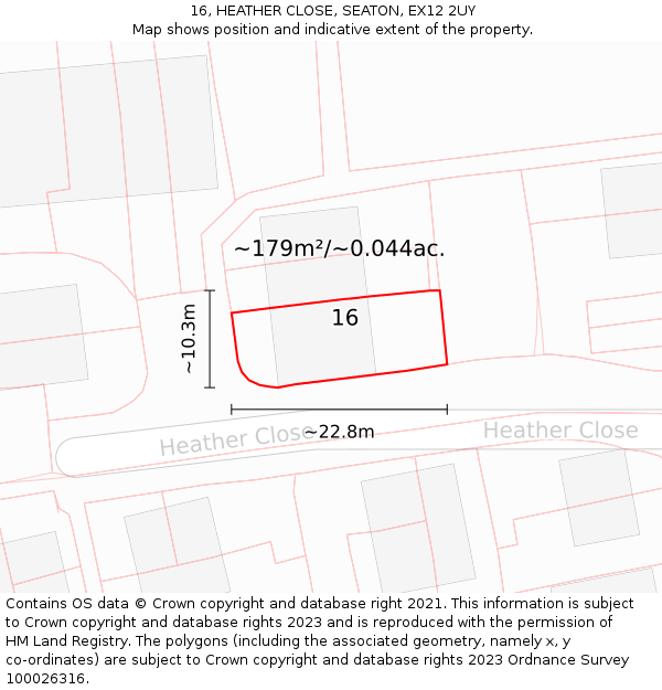 16, HEATHER CLOSE, SEATON, EX12 2UY: Plot and title map