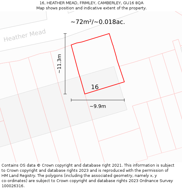 16, HEATHER MEAD, FRIMLEY, CAMBERLEY, GU16 8QA: Plot and title map
