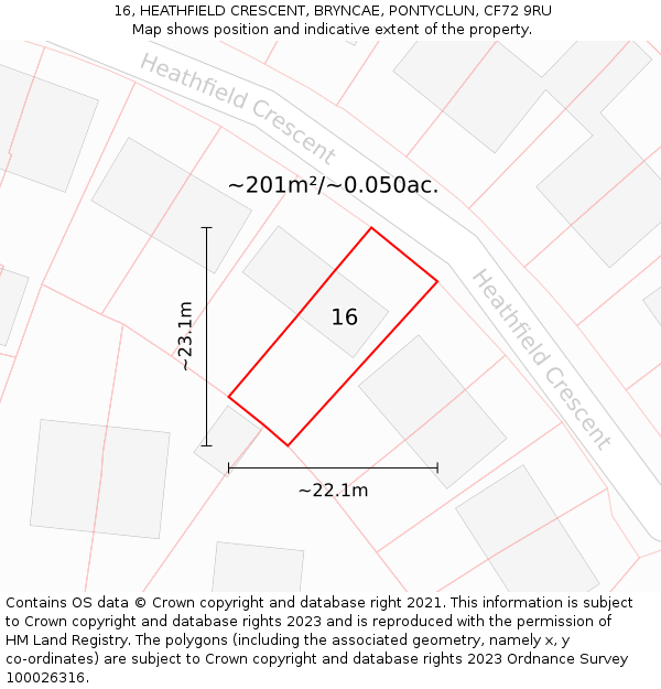 16, HEATHFIELD CRESCENT, BRYNCAE, PONTYCLUN, CF72 9RU: Plot and title map