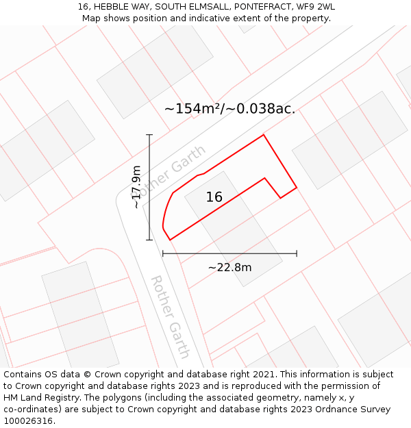 16, HEBBLE WAY, SOUTH ELMSALL, PONTEFRACT, WF9 2WL: Plot and title map
