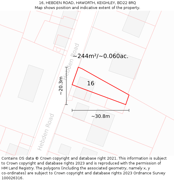 16, HEBDEN ROAD, HAWORTH, KEIGHLEY, BD22 8RQ: Plot and title map