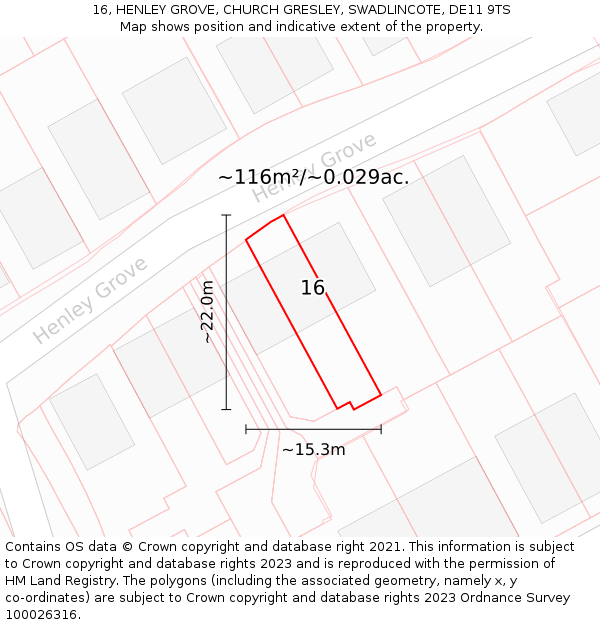 16, HENLEY GROVE, CHURCH GRESLEY, SWADLINCOTE, DE11 9TS: Plot and title map