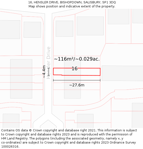 16, HENSLER DRIVE, BISHOPDOWN, SALISBURY, SP1 3DQ: Plot and title map