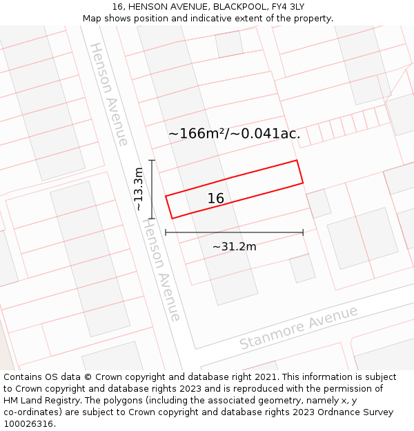 16, HENSON AVENUE, BLACKPOOL, FY4 3LY: Plot and title map