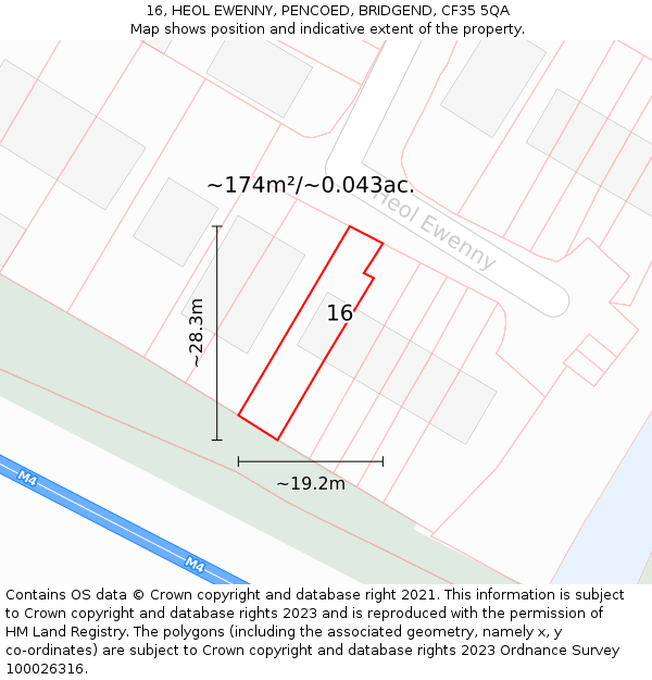 16, HEOL EWENNY, PENCOED, BRIDGEND, CF35 5QA: Plot and title map