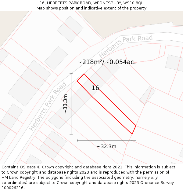 16, HERBERTS PARK ROAD, WEDNESBURY, WS10 8QH: Plot and title map