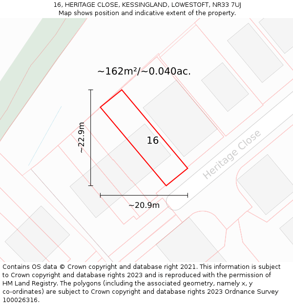 16, HERITAGE CLOSE, KESSINGLAND, LOWESTOFT, NR33 7UJ: Plot and title map