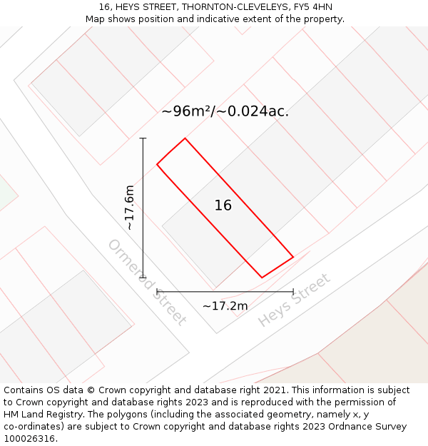 16, HEYS STREET, THORNTON-CLEVELEYS, FY5 4HN: Plot and title map