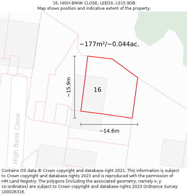 16, HIGH BANK CLOSE, LEEDS, LS15 9DB: Plot and title map