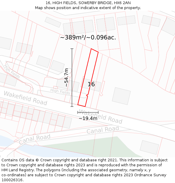 16, HIGH FIELDS, SOWERBY BRIDGE, HX6 2AN: Plot and title map