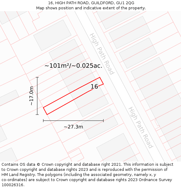 16, HIGH PATH ROAD, GUILDFORD, GU1 2QG: Plot and title map
