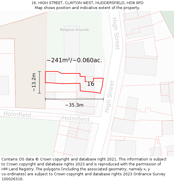 16, HIGH STREET, CLAYTON WEST, HUDDERSFIELD, HD8 9PD: Plot and title map