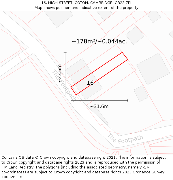 16, HIGH STREET, COTON, CAMBRIDGE, CB23 7PL: Plot and title map