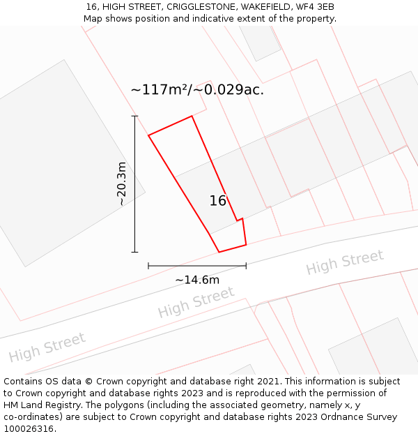 16, HIGH STREET, CRIGGLESTONE, WAKEFIELD, WF4 3EB: Plot and title map