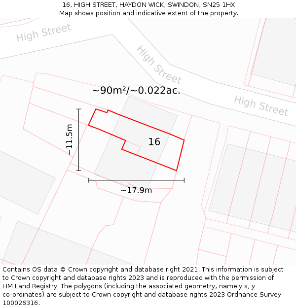 16, HIGH STREET, HAYDON WICK, SWINDON, SN25 1HX: Plot and title map