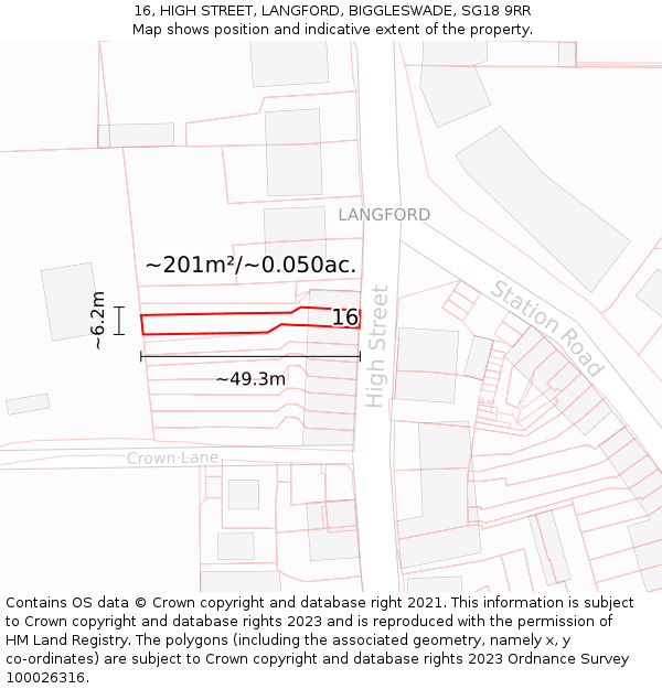 16, HIGH STREET, LANGFORD, BIGGLESWADE, SG18 9RR: Plot and title map