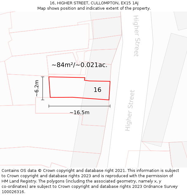 16, HIGHER STREET, CULLOMPTON, EX15 1AJ: Plot and title map