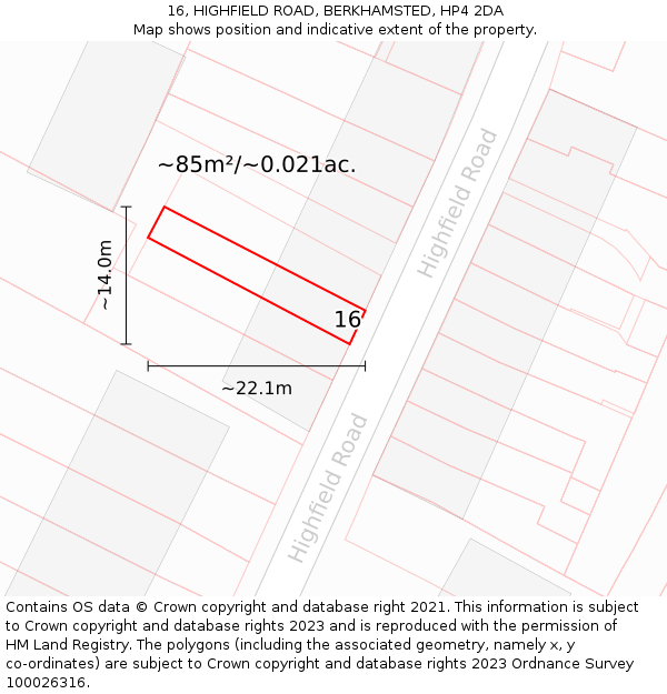 16, HIGHFIELD ROAD, BERKHAMSTED, HP4 2DA: Plot and title map