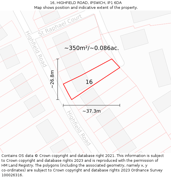 16, HIGHFIELD ROAD, IPSWICH, IP1 6DA: Plot and title map