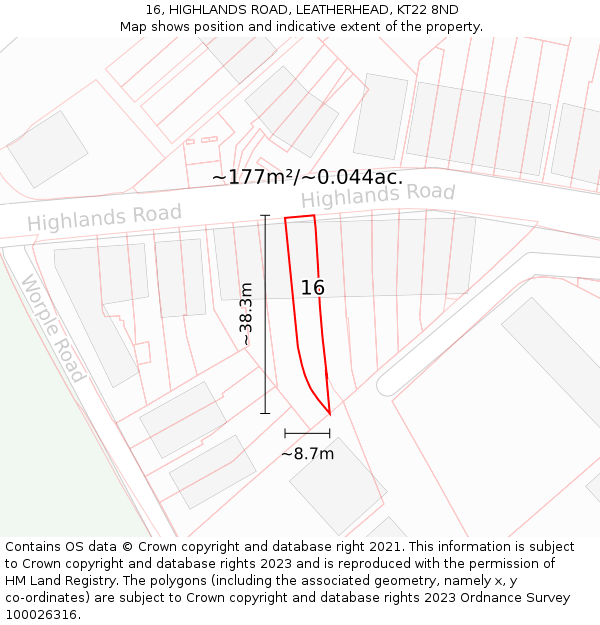 16, HIGHLANDS ROAD, LEATHERHEAD, KT22 8ND: Plot and title map