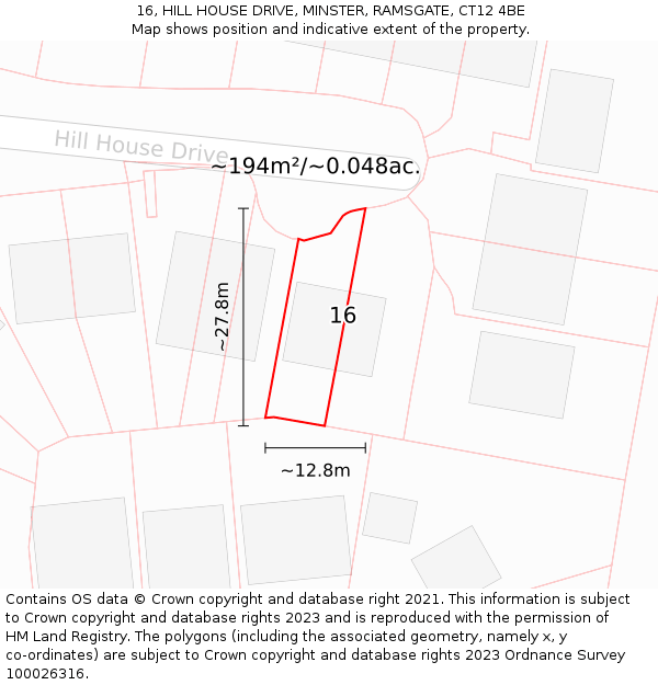16, HILL HOUSE DRIVE, MINSTER, RAMSGATE, CT12 4BE: Plot and title map