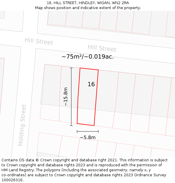 16, HILL STREET, HINDLEY, WIGAN, WN2 2RA: Plot and title map