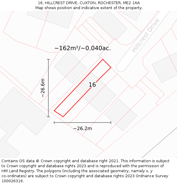 16, HILLCREST DRIVE, CUXTON, ROCHESTER, ME2 1AA: Plot and title map
