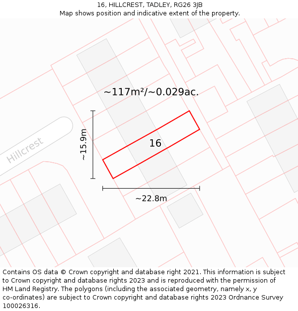 16, HILLCREST, TADLEY, RG26 3JB: Plot and title map