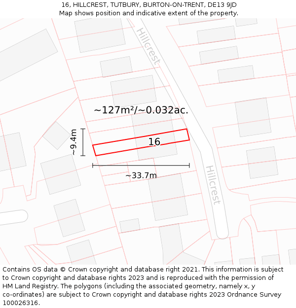 16, HILLCREST, TUTBURY, BURTON-ON-TRENT, DE13 9JD: Plot and title map