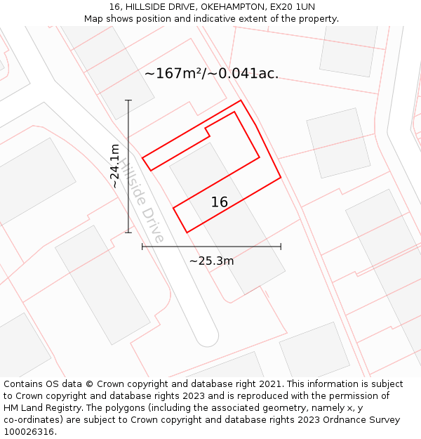 16, HILLSIDE DRIVE, OKEHAMPTON, EX20 1UN: Plot and title map