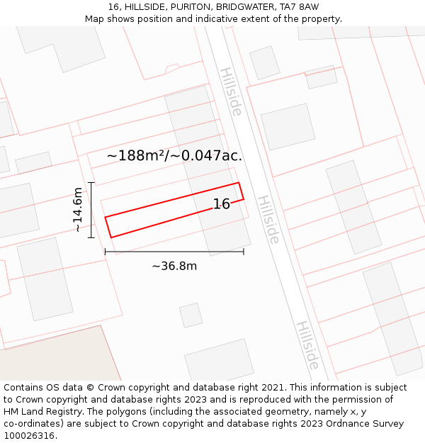 16, HILLSIDE, PURITON, BRIDGWATER, TA7 8AW: Plot and title map