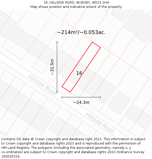 16, HILLSIDE ROAD, BUSHEY, WD23 2HA: Plot and title map