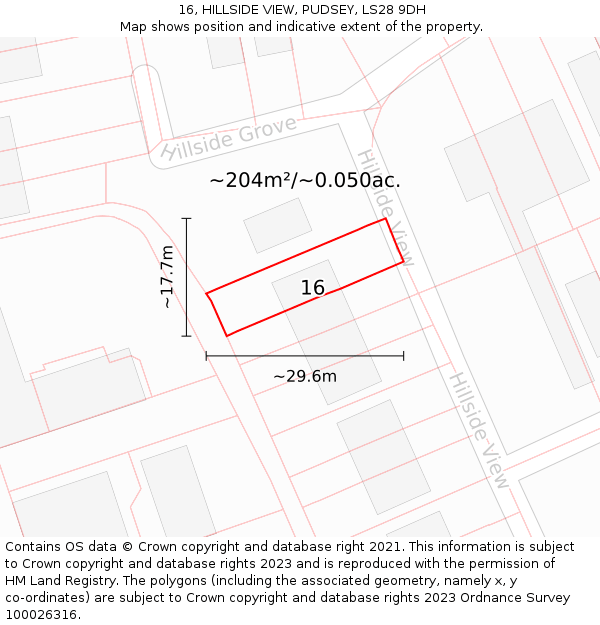 16, HILLSIDE VIEW, PUDSEY, LS28 9DH: Plot and title map