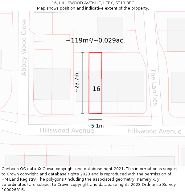 16, HILLSWOOD AVENUE, LEEK, ST13 8EG: Plot and title map