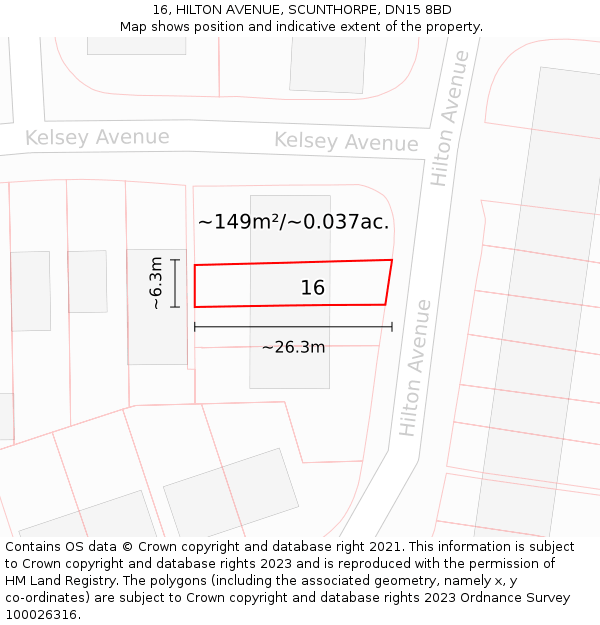 16, HILTON AVENUE, SCUNTHORPE, DN15 8BD: Plot and title map